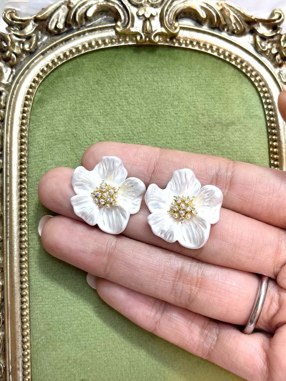 Pearl White Floral Stud Earrings with Gold Center